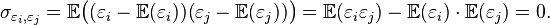 \sigma_{\varepsilon_i,\varepsilon_j} = \mathbb{E} \bigl( (\varepsilon_i-\mathbb{E}(\varepsilon_i)) (\varepsilon_j-\mathbb{E}(\varepsilon_j)) \bigr) = \mathbb{E} (\varepsilon_i \varepsilon_j) - \mathbb{E}(\varepsilon_i)\cdot \mathbb{E}(\varepsilon_j) = 0.