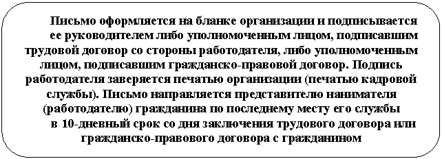 Скругленный прямоугольник: Письмо оформляется на бланке организации и подписывается
ее руководителем либо уполномоченным лицом, подписавшим трудовой договор со стороны работодателя, либо уполномоченным лицом, подписавшим гражданско-правовой договор. Подпись работодателя заверяется печатью организации (печатью кадровой службы). Письмо направляется представителю нанимателя (работодателю) гражданина по последнему месту его службы
в 10-дневный срок со дня заключения трудового договора или гражданско-правового договора с гражданином