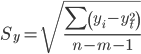 https://chart.googleapis.com/chart?cht=tx&chl=S_%7by%7d%20=%20\sqrt%7b%20\frac%7b\sum%7b\left(y_%7bi%7d%20-%20y_%7bt%7d%5e%7b2%7d\right)%7d%7d%7bn%20-%20m%20-%201%7d%7d