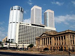 The skyline of the Fort area. The twin towers of the World Trade Center building are in the background, with the Bank of Ceylon tower to their left and the Presidential Secretariat in the foreground.