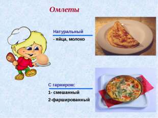 "Омлеты Натуральный - яйца, молоко С гарниром: 1- смешанный 2-фаршированный "